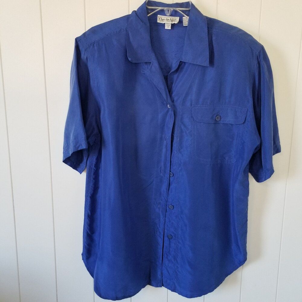 Christie & Jill 100% Silk Top Women's Medium Button Up Blue Short Sleeve